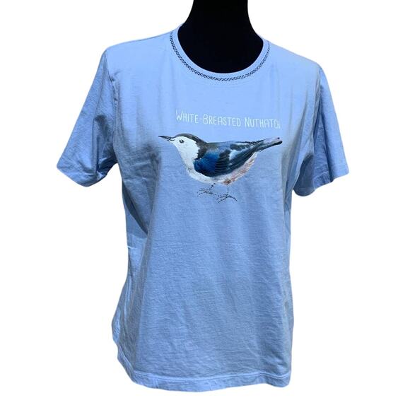 Wingspan Inspired Womens Large Watercolor White Breasted Nuthatch Upcycled Tee - Picture 1 of 4